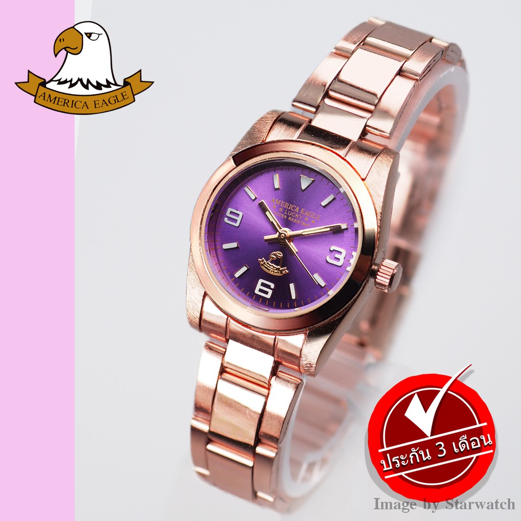 AMERICA EAGLE Watch นาฬิกาข้อมือผู้หญิง กันน้ำ สายสแตนเลส รุ่น AE016L - PinkGold/Purple