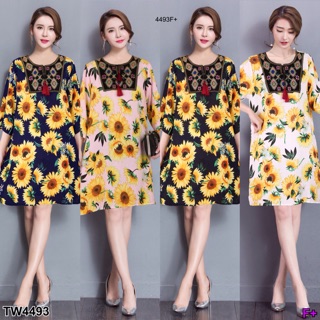 TwinsShopVip💗พร้อมส่ง TW4493 เดรสลวดลายดอกทานตะวัน sunflower pattern dress