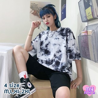 🎴MYF มาใหม่🎴เสื้อยืดคอกลมแขนสั้นลายมัดย้อมสีขาวดำ ทรงโอเวอร์ไซส์