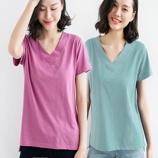 【พร้อมส่ง】เสื้อยืดคอวี แขนสั้น ทรงหลวม สีพื้น พลัสไซซ์ (40-150 กก.) (7 สี) แฟชั่นฤดูร้อน สําหรับผู้หญิง