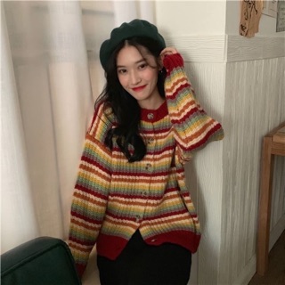 🍁 Delcy korean cardigan เสื้อคลุมคาร์ดิแกนไหมพรม สีเเดงตัดหลายสี เนื้อผ้าไหมพรม 🌈