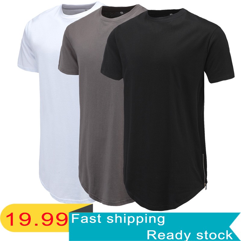 ผู้ชาย Longline สั้น Leeve Tees ซิปด้านข้างรอบ Hem ผ้าฝ้าย hip hop T เสื้อแฟชั่น Man Streetwear เสื้อผ้า Tops Tee