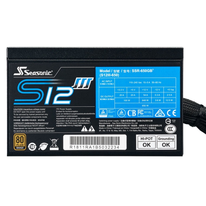 650W POWER SUPPLY (อุปกรณ์จ่ายไฟ) SEASONIC S12III (SSR-650GB3) (80+ Bronze)  ประกัน 3 ปี *ของแท้ ประกันศูนย์*