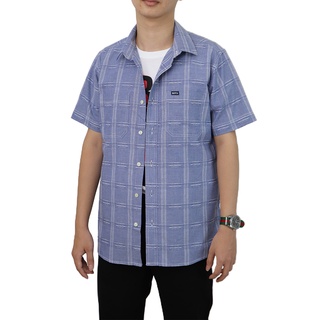 BOVYJNS SHIRTเสื้อเชิ้ตสก๊อตแขนสั้นสีฟ้าทอริ้วขาว  MENS BLUE SHORT SHIRT - BA3833