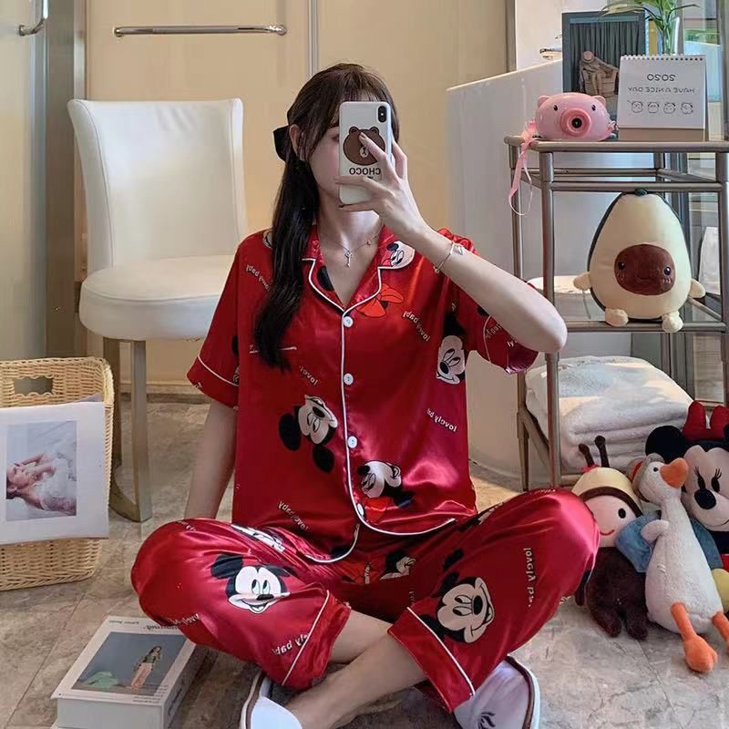 ⊙????พร้อมส่ง????ชุดนอนผ้าซาติน ลายการ์ตูนน่ารัก แขนสั้นขายาว ...