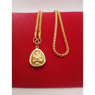 สร้อยคอทอง น้ำหนัก 2 บาท ยาว 24 นิ้ว ลายบล็อค ยิงทราย พร้อมจี้พระปิดตา (วัดบ้านไร่) องค์พระชุบทอง เลี่ยมกรอบทอง
