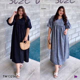 MF13256  Maxi Dress #Bigsize เดรสยาว คอวี แขนพองจั๊มปลาย เนื้อผ้าคอตตอน ลายจุดกับลายตาราง ทรงสวยฮอทมากจ้ะทรงนี้  +++นางแ