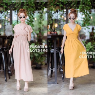 👗Pfashion [ส่งไว!!🚛] P6052 แม็กซี่เดรสคอวี แต่งแถบเอวสม้อค v-neck maxi dress smocked waist band