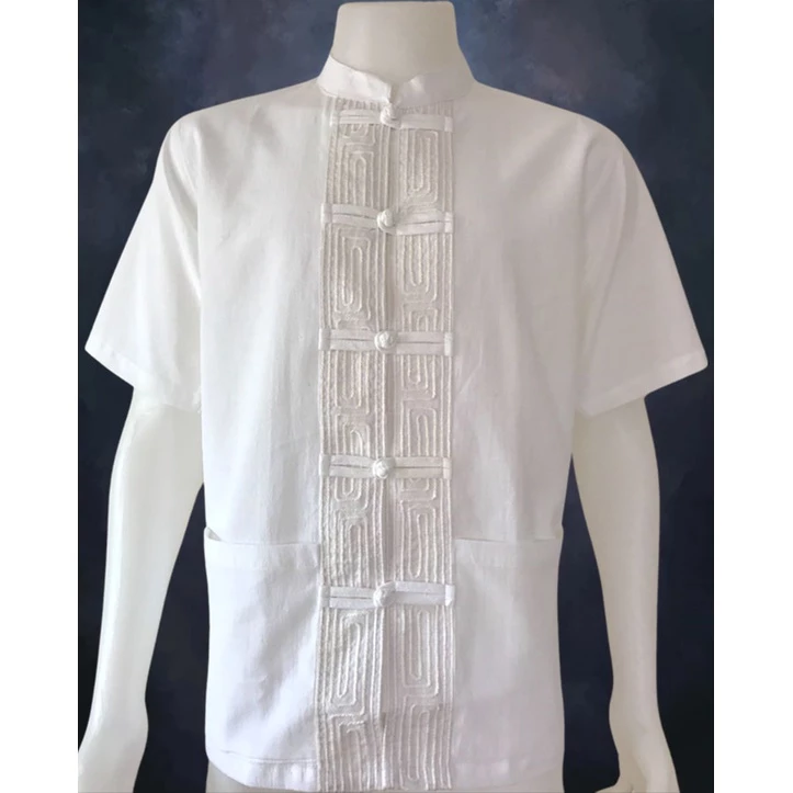 เสื้อผ้าฝ้าย ผ้าพื้นเมือง คอจีน กระดุมจีน เดินเชือก แขนสั้น สีขาวล้วน