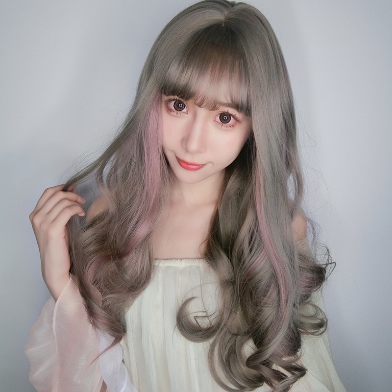 Aoki Linen Gray Highlights Thin Rattan Wig Female Long Curly Hair Air Bangs Big