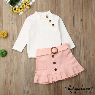 BbQ-2Pcs Toddler Baby Girl Long Sleeve Stylish White Knit Button Tops + Ruffled Mini Skirt Warm Outfits