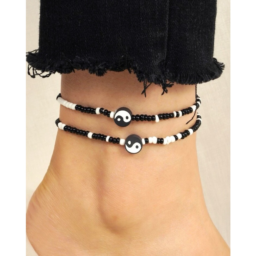 สร้อยข้อเท้า สร้อยข้อเท้าลูกปัด โทนดำ กำไลข้อเท้า anklet