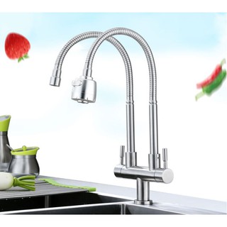 ก๊อกน้ำห้องครัว 304. Kitchen Faucet 304 Stainless Steel ก๊อกน้ำอ่างล้างจาน ก๊อกอ่างล้างหน้า ทรงสูง ก๊อก 2 หัว 2 อ่าง สแต