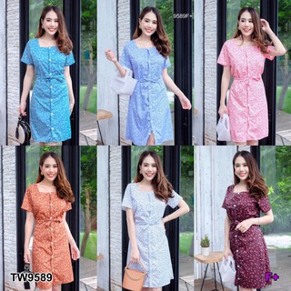 TwinsShopVip💗พร้อมส่ง TW9589 เดรสแขนสั้นกระดุมหน้า Short sleeve button front dress