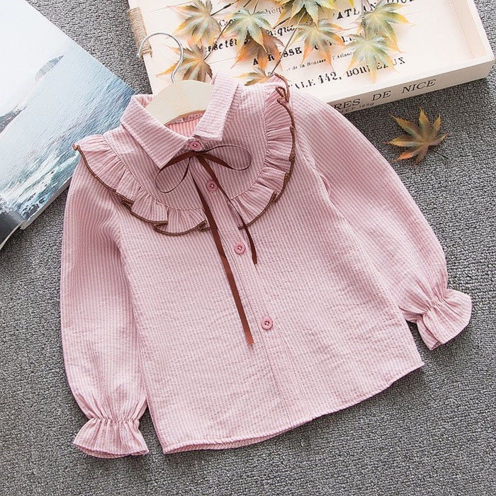 เสื้อเชิ้ต แขนยาว ลายทาง ประดับโบว์ แต่งระบาย ติดกระดุม สําหรับเด็กผู้หญิง อายุ 100-160 ซม. 2-14 ปี