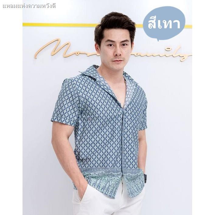 เสื้อเชิ้ตลายไทย สีเทา สีคราม สีฟ้า เสื้อลายไทย ผ้าคอตตอน เนื้อนุ่ม ใส่สบาย  ชุดไทย - Hk2_Jf6C1P - Thaipick