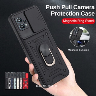 For Realme 9 Pro Plus Case Push Pull Camera Protection Coque Realmi 9i 8i 7i C21 C25 Narzo 30A With Car Magnetic Ring Stand Cover