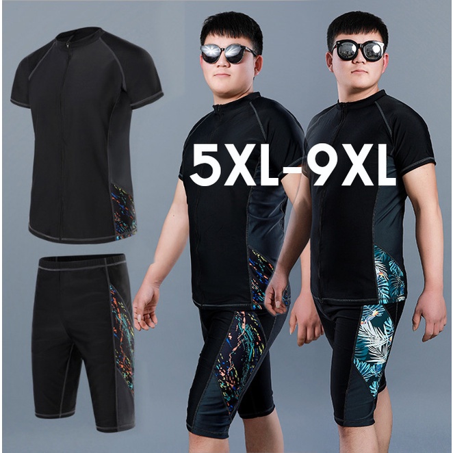 ชุดว่ายน้ำชายไซส์ใหญ่ 2XL-9XL เสื้อ+กางเกง สีดำ ลายจุด , ลายใบไม้