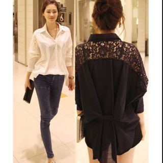 พร้อมส่ง เสื้อเชิ้ตคอปกแขนยาว แต่งช่วงไหล่ด้านหลังด้วยผ้าลูกไม้