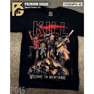 Tshirtคอลูกเรือcrew neckPG 45 Team Chucky Jason Chainsaw Freddy เสื้อยืด ลายหนัง สกรีนลาย ผ้าหนา Movie BT Black Timber S