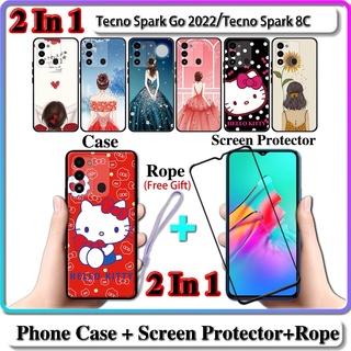 2 IN 1 เคส Tecno Spark Go 2022 Spark 8C เคส พร้อมกระจกนิรภัยกันรอยหน้าจอเซรามิค ทรงโค้ง สําหรับเด็กผู้หญิง และคิตตี้