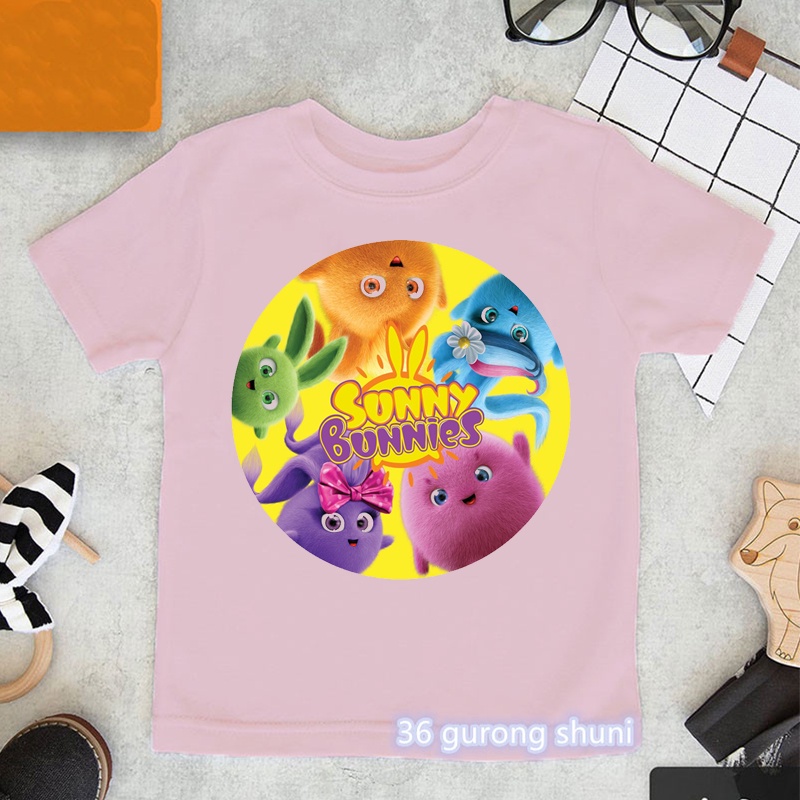 Kawaii สาวเสื้อยืดการ์ตูน Sunny Bunnies กราฟิกพิมพ์เสื้อผ้าเด็กแฟชั่นความงามเด็ก Tshirts เสื้อสีชมพู