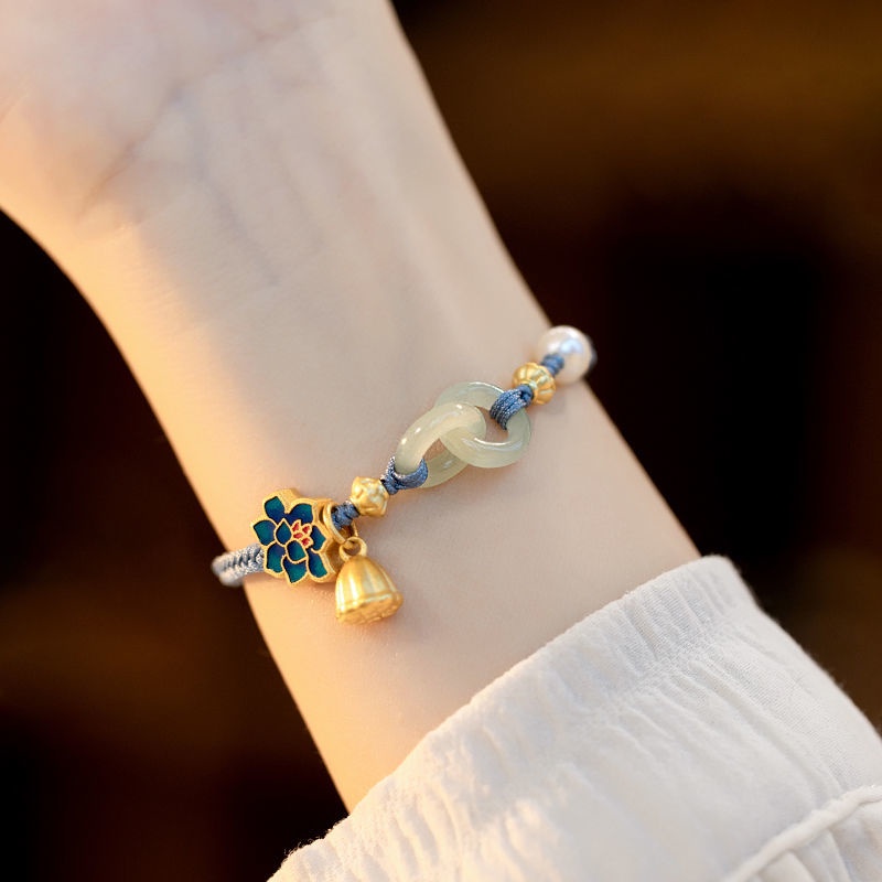 สร้อยข้อมือ จี้ดอกบัวนําโชค หยกคู่ สร้อยข้อมือชาติพันธุ์