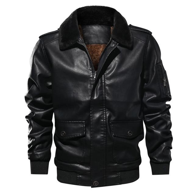 Men Motorcycle PU Leather Jacket Winter Warm Luxury Fleece Retro Coat Fur Collar Biker Bomber Pilot Faux Leather Jacket #4