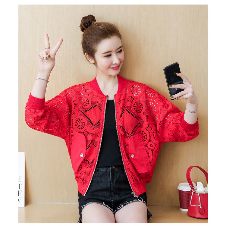 Grace_chili 927 เสื้อคลุมแฟชั่น เสื้อคลุม สไดล์เกาหลี คาร์ดิแกน สีขาวแต่งลูกไม้ มีซิป