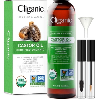 Cliganic 100% Pure &amp; Natural USDA Certified Organic Castor Oil with Lash Kit 8 oz 240 ml  น้ำมันละหุ่ง