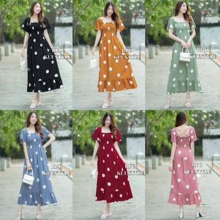 #MK01 Maxi dress เดรสคอเหลี่ยมแขนระบาย ผ้าไหมญี่ปุ่นลายจุดใหญ่พาสเทล อกและเอวแต่งสม็อค ชายเดรสแต่งระบาย