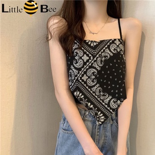 littlebee🍄32036 เสื้อลําลองสําหรับสตรีเซ็กซี่แขนกุดพิมพ์ลายทรงสลิม