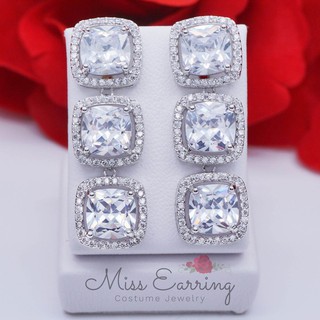 Miss Earring ต่างหูเงินแท้ เพชรสวิส เม็ดเดี่ยวสี่เหลี่ยม แบบห้อย พร้อมส่ง