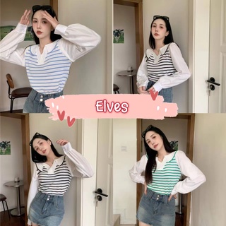 Elves✨พร้อมส่ง✨ เสื้อไหมพรมคอปกแขนยาวชีฟอง ดีเทลลายทางน่ารักคิ้วมาก ~50055-1~