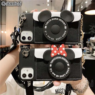 Minnie Mickey Casing OnePlus 6 6T 7 7T 8 9 Pro Nord N100 Nord N10 Cartoon Card Wallet Phone Case Cover With Rope Strap