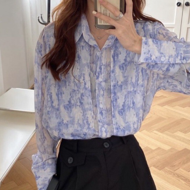 graphic blue chiffon shirt