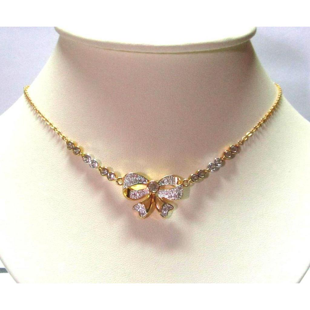 TANITTgemsสร้อยคอทอง24KGPประดับเพชรโคลนนิ่งประดับจี้ลายโบว์เหมาะใส่ออกงาน