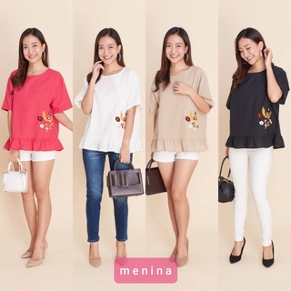 Menina - เสื้อผ้าลินินคอกลมชายระบายปักลายดอกไม้