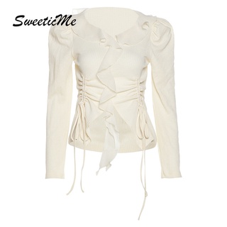 Sweeticme ใหม่ เสื้อยืดลําลอง แขนยาว ผ้าถัก คอปก ทรงสลิมฟิต สีพื้น เซ็กซี่ แฟชั่นสําหรับสตรี 2022