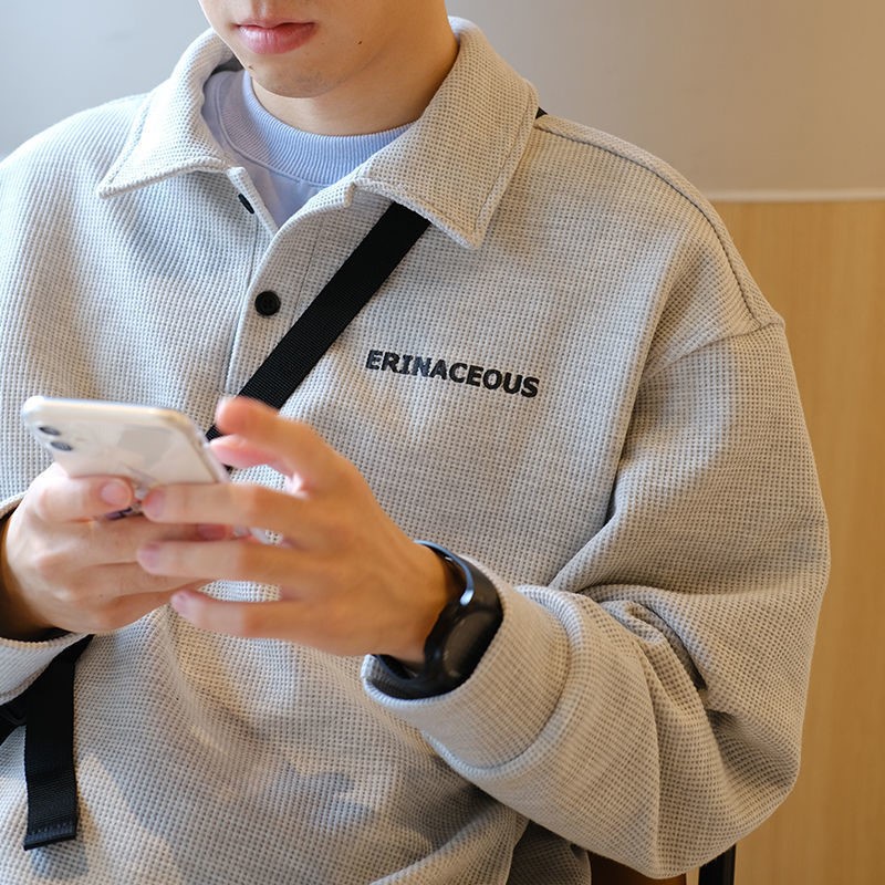 เสื้อโปโลลําลอง ทรงหลวม ลายวาฟเฟิล แฟชั่นฤดูใบไม้ผลิ และฤดูใบไม้ร่วง สําหรับผู้ชาย