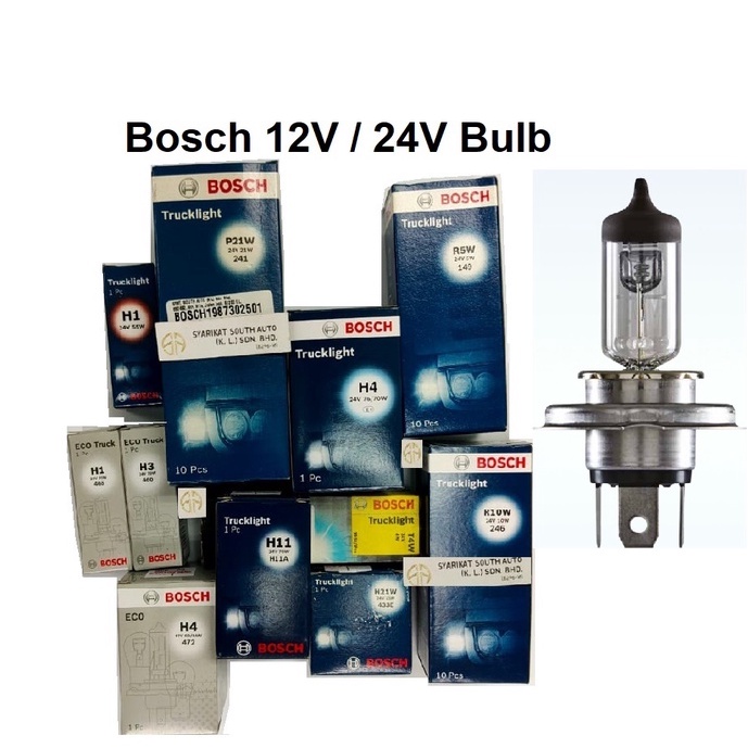 Bosch 12V 24V หลอดไฟรถบรรทุกรถยนต์ Trailer รถ Lorry H1 H3 H4 H7 H8 H11 H21W H6W T4W Proton Perodua T