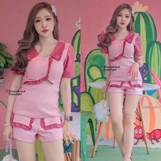 👗Pfashion [ส่งไว!!🚛] P13451 จั๊มสูทขาสั้น คอปก อกแต่งระบาย ติดกระดุมเพชร Short-sleeve jumpsuit, ruffled collar