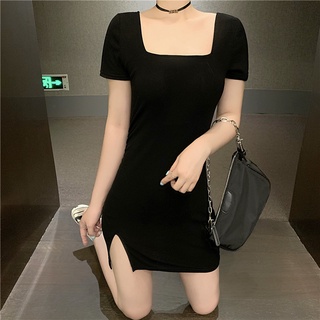 ⚡พร้อมส่ง ทุกวันจากไทย⏱🌴🚛เดรสสีดำ คอเหลี่ยม กระโปรงสีดำ
