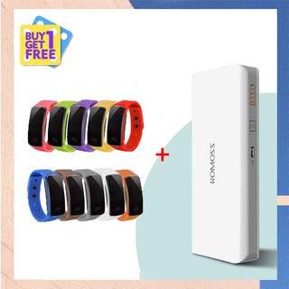 ROMOS Ready Stock แบตสำรอง 10400mAh แถบสี ฟรี สาย USB + พร้อมนาฬิกา LED ฟรี