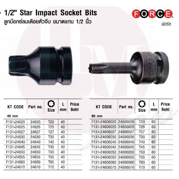 FORCE ลูกบล็อก ลูกบล็อค ลูกบล๊อก ลูกบ๊อกซ์ลมเดือยหัวจีบ (Torx) ขนาดแกน 1/2 นิ้ว