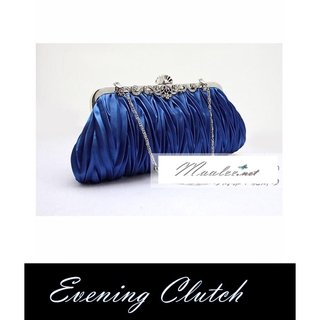 พร้อมส่ง Evening Clutch กระเป๋า สีน้ำเงินผ้าซาตินอัดพลีต ลายฟันปลา พร้อมสายโซ่ สั้นและยาว