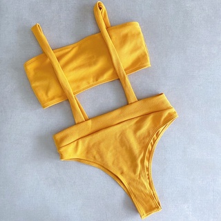 ชุดว่ายน้ำ รุ่น Ribbed Bandeau Suspender Two Piece Bikini Swimsuit.