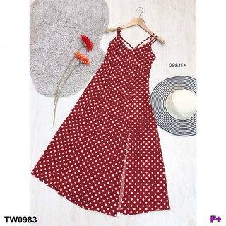 PP0983  Maxi Dressลายจุดกระโปรงผ่่า