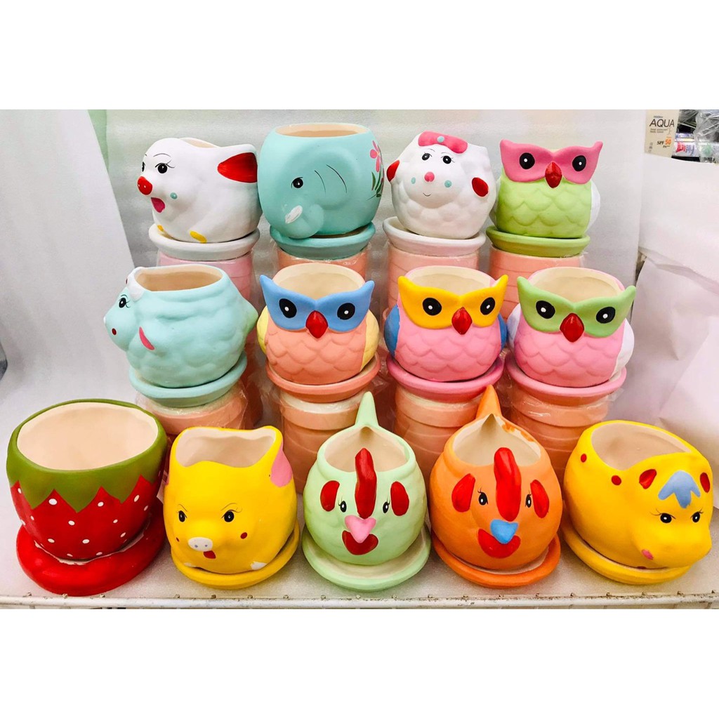 กระถางต้นไม้ กระถางเซรามิก ลายการ์ตูน 3.5-4 นิ้ว set2 ชิ้น กระถาง+จานรอง