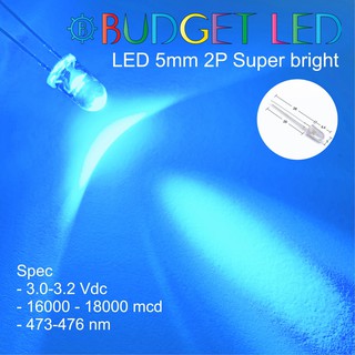 LED 5mm 2P Super bright สีไอซ์บลู แอลอีดีซุปเปอร์ไบร์ทหลอดใส ให้ความสว่างสูง ความร้อนต่อ( 20 ชิ้น : 50 ชิ้น : 100 ชิ้น )